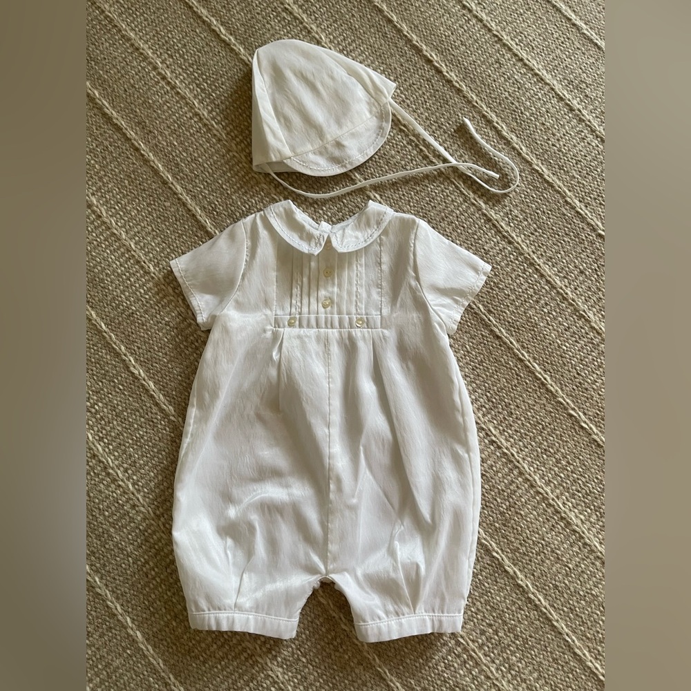New Sarah Louise England White Taffeta Baby Romper with Bonnet Sz 3M
